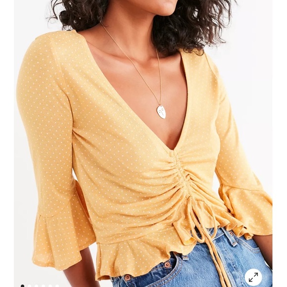 Urban outfitters UO Myra Cinch Front Ruffle Top yellow polka dot ruched trumpet